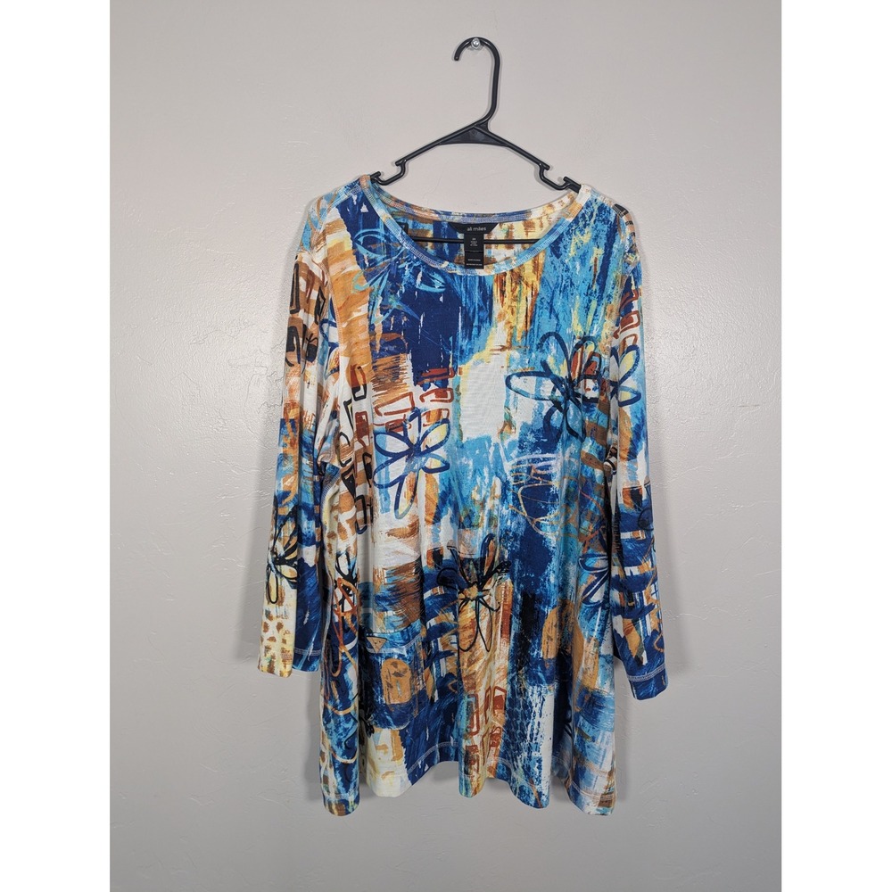 Ali Miles Womens 2X Abstract Floral Tunic Top Blue Orange 3/4 Sleeve Knit Pocket